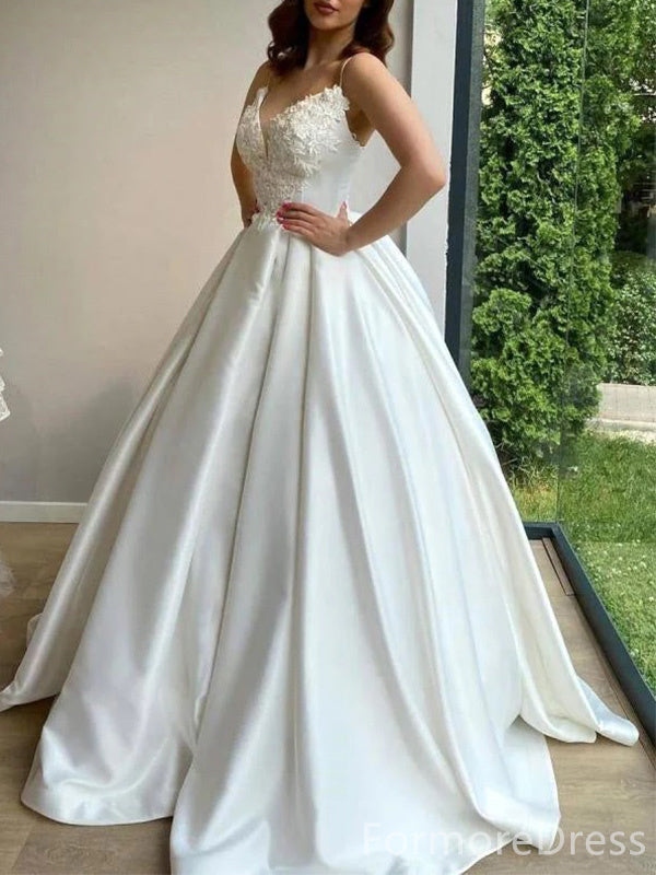 Elegant V-neck Spaghetti Strap A-line Long Wedding Dress, WD211