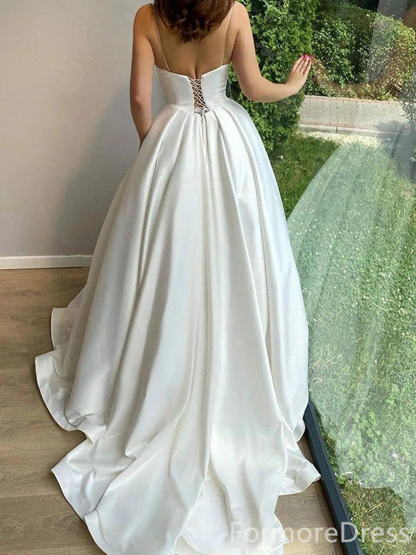 Elegant V-neck Spaghetti Strap A-line Long Wedding Dress, WD211