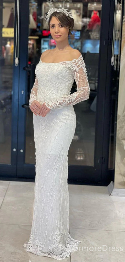 Elegant Off-Shoulder Lace Appliques Mermaid Long Wedding Dress, WD214