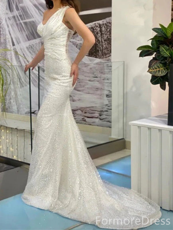 Sparkly Sequins One-Shoulder Mermaid Long Wedding Dress, WD220