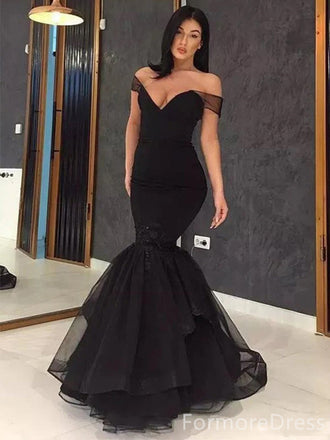 Sexy Black V-neck Off-Shoulder Mermaid Long Prom Dress,Evening Dress,PD301