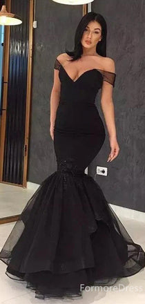 Sexy Black V-neck Off-Shoulder Mermaid Long Prom Dress,Evening Dress,PD301