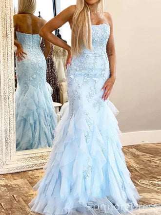 Elegant Strapless Lace Appliques Mermaid Long Prom Dress,Evening Dress,PD289