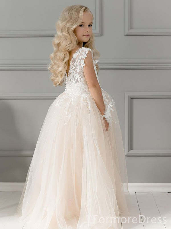 Elegant Lace Appliques A-line Long Flower Girl Dress,  FGD42