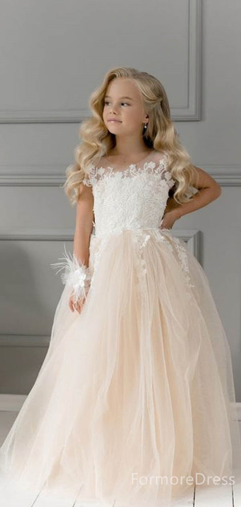 Elegant Lace Appliques A-line Long Flower Girl Dress,  FGD42