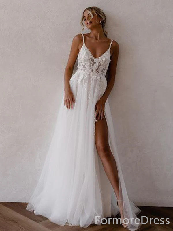 Sexy V-neck Spaghetti Strap A-line Long Wedding Dress,  WD30