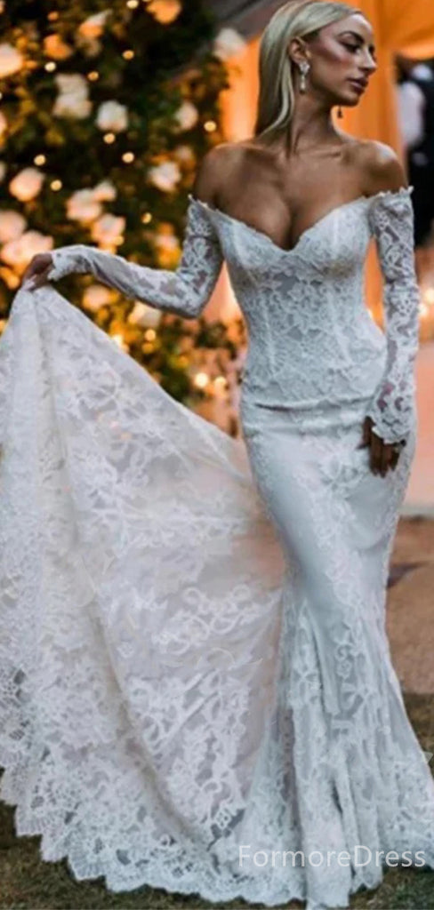 Elegant V-neck  Off-shoulder Mermaid Long Wedding Dress,  WD33