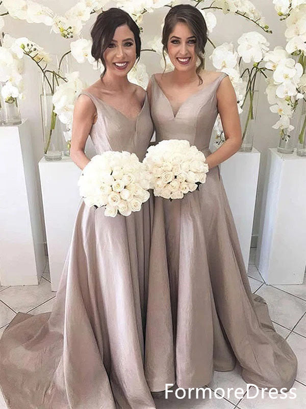 Elegant V-neck A-line Long Bridesmaid Dress,  BD36