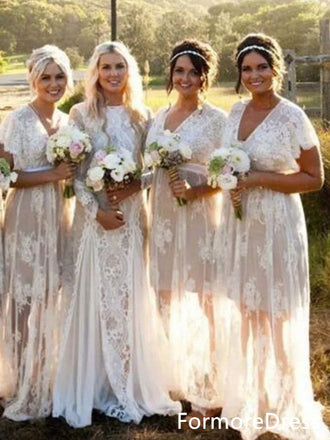 Elegant V-neck A-line Lace Long Bridesmaid Dress,  BD38