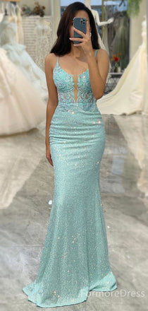 Sparkly Spaghetti Strap Mermaid Long Prom Dress,PD328