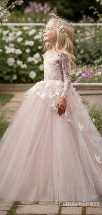 Elegant Long Sleeve Lace Appliques A-line Long Flower Girl Dress,  FGD50