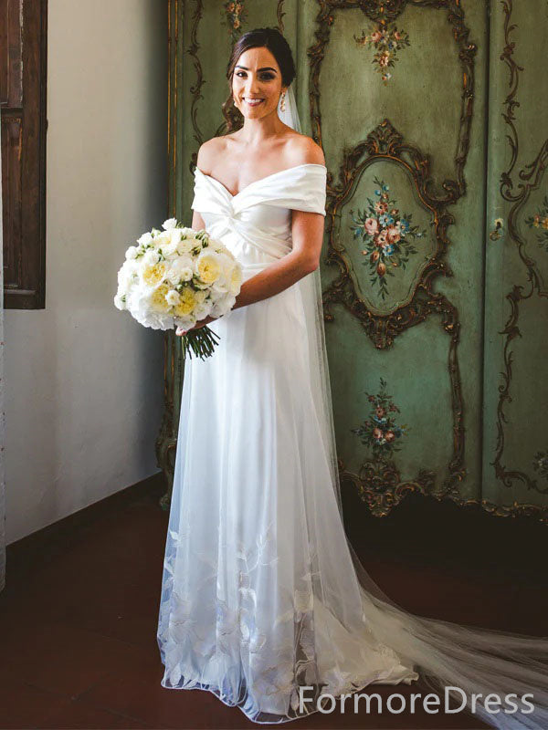 Elegant Off-shoulder A-line Long Wedding Dress,  WD43