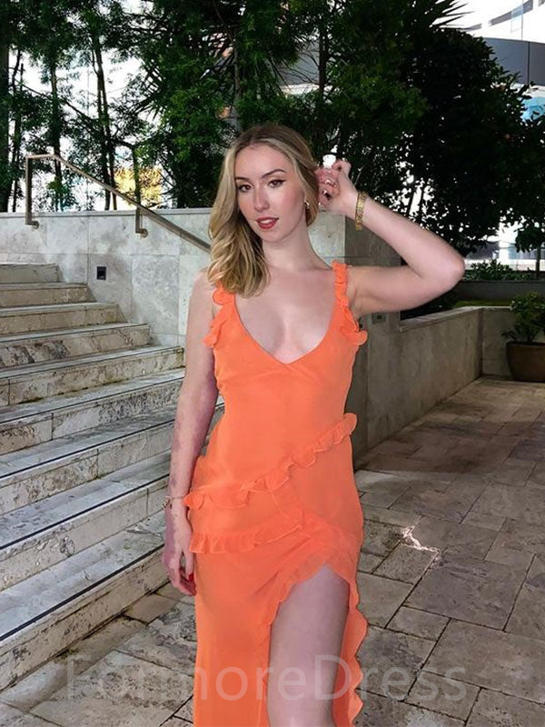 Sexy V-neck A-line Spaghetti Strap Split Side Long Prom Dress,PD07