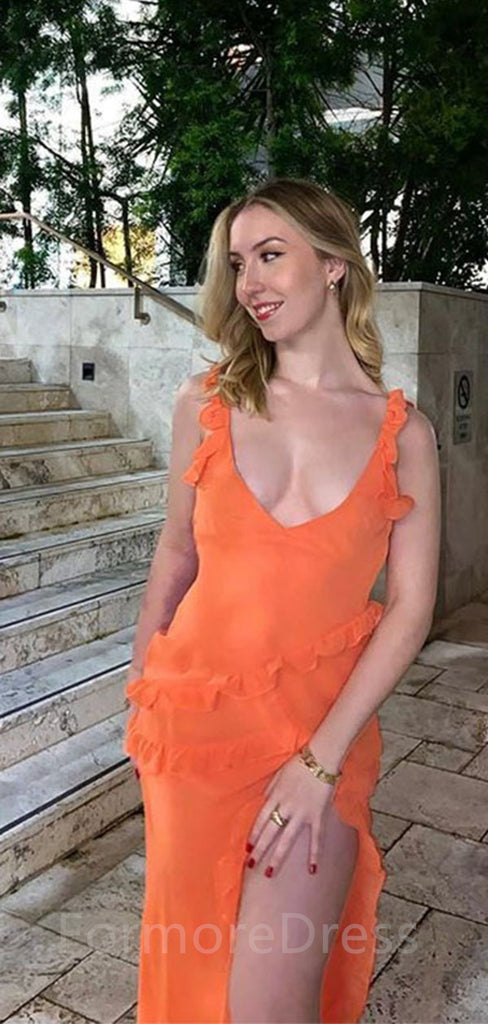 Sexy V-neck A-line Spaghetti Strap Split Side Long Prom Dress,PD07