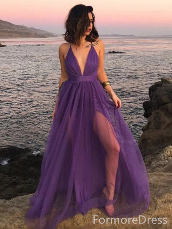 Sexy Deep V-neck Spaghetti Strap Halter A-line Long Prom Dress,PD343