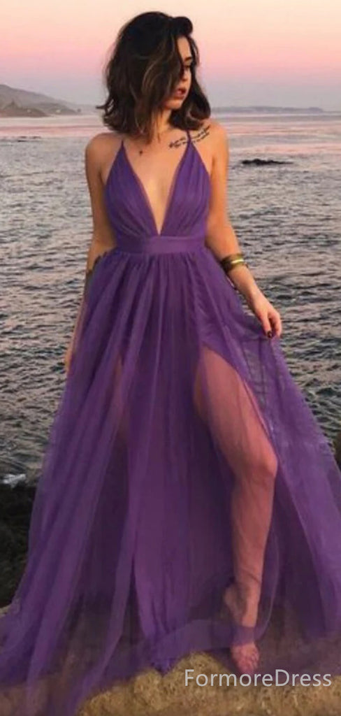 Sexy Deep V-neck Spaghetti Strap Halter A-line Long Prom Dress,PD343