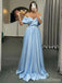 Sky Blue Elegant Off-Shoulder Spaghetti Strap A-line Long Prom Dress,PD348