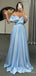 Sky Blue Elegant Off-Shoulder Spaghetti Strap A-line Long Prom Dress,PD348