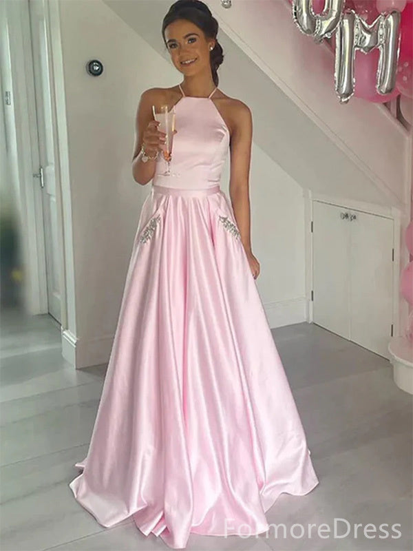 Elegant Pink Halter A-line Long Prom Dress,PD351