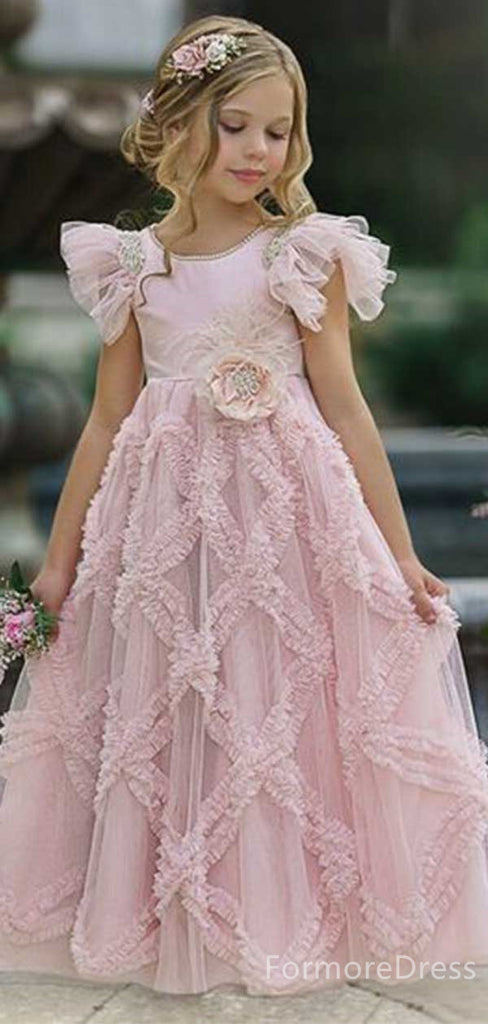 Popular Ruffles Appliques A-line Long Flower Girl Dress,  FGD70