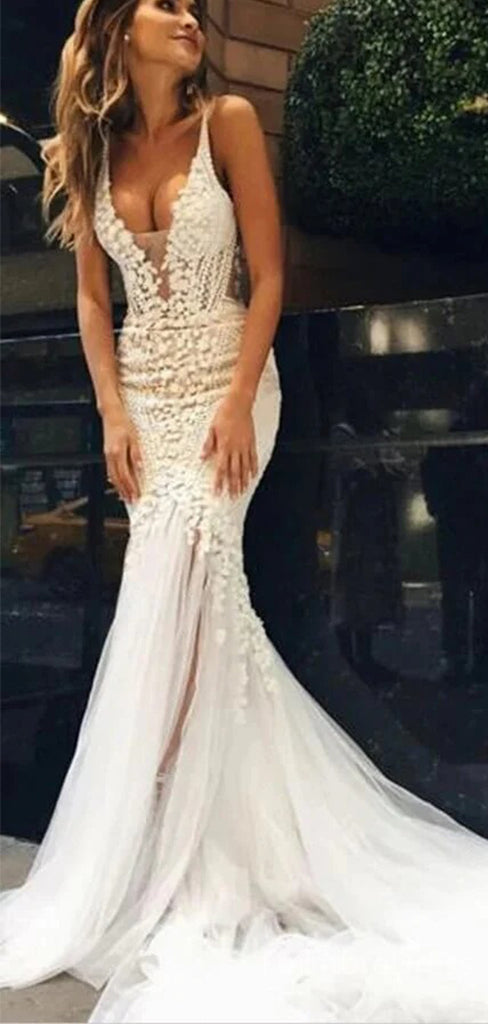 Sexy V-neck Spaghetti Strap Mermaid Long Wedding Dress,  WD58