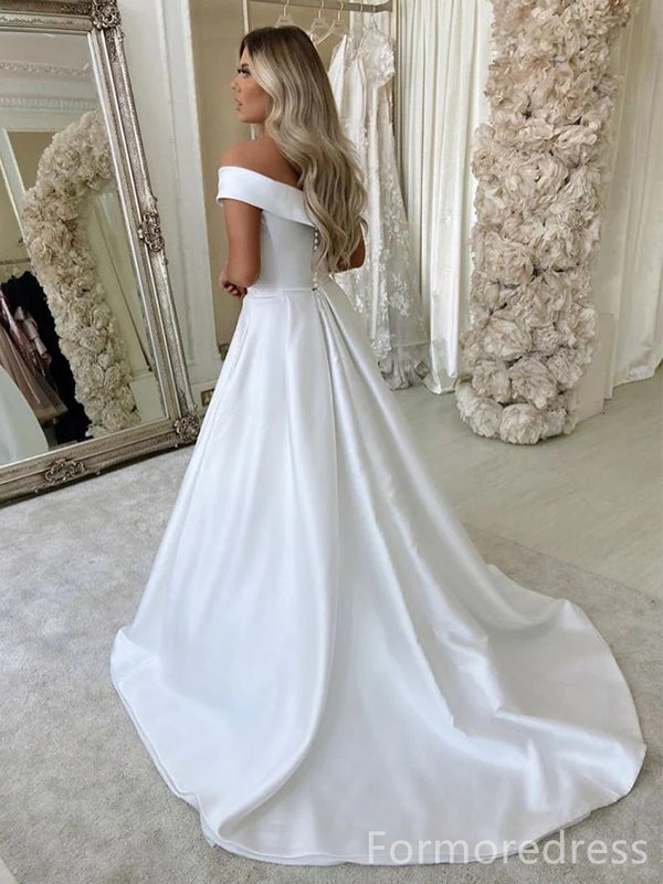 Elegant V-neck Off-shoulder A-line Long Wedding Dress, WD221