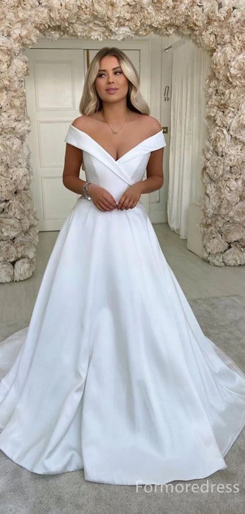 Elegant V-neck Off-shoulder A-line Long Wedding Dress, WD221