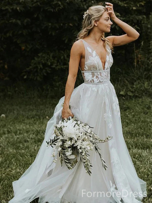 Sexy V-neck A-line Long Wedding Dress,  WD56