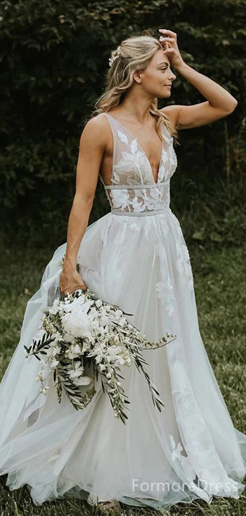 Sexy V-neck A-line Long Wedding Dress,  WD56