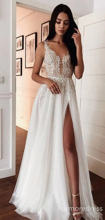 Elegant V-neck Spaghetti Strap Split Side A-line Long Wedding Dress, WD222