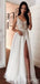 Elegant V-neck Spaghetti Strap Split Side A-line Long Wedding Dress, WD222