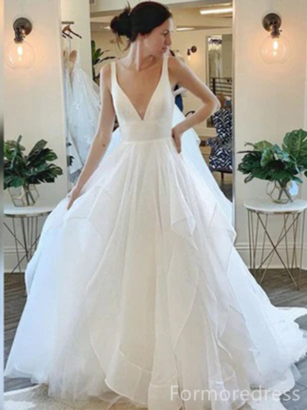 Elegant V-neck A-line Long Wedding Dress, WD223